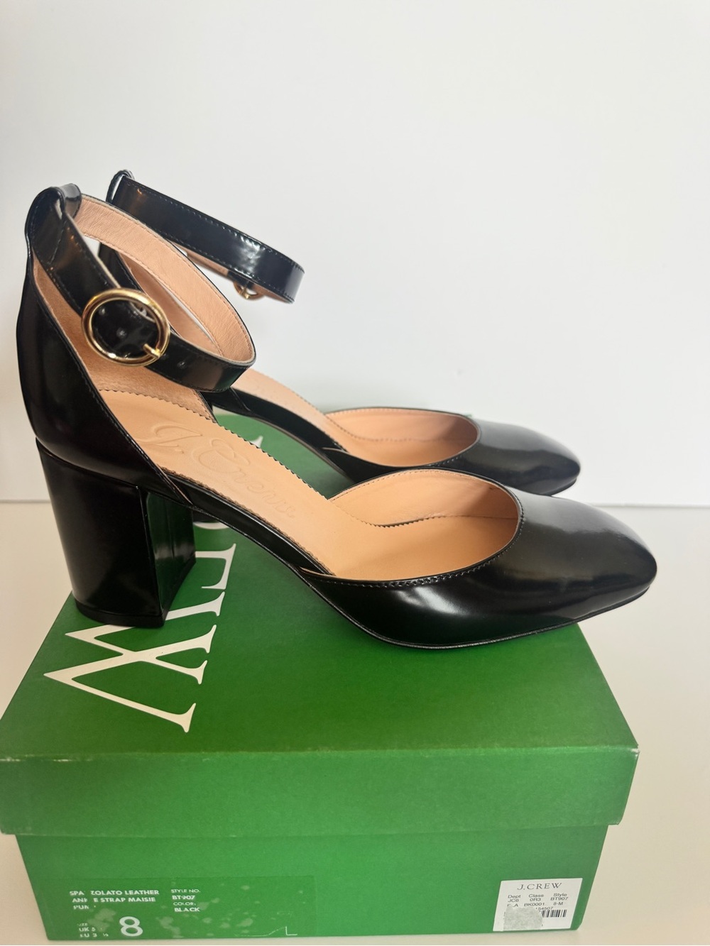 NEW J. Crew Black Patent Leather Ankle-Strap Block Heels with Gold Buckle